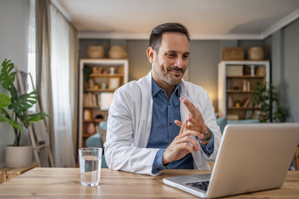 Physician running a virtual patient consultation from a home office