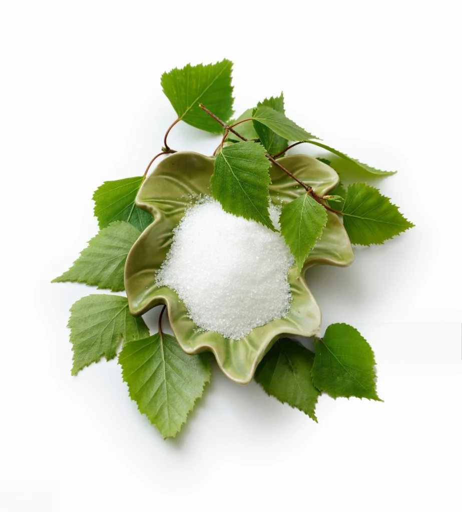Xylitol crystals beside birch leaves
